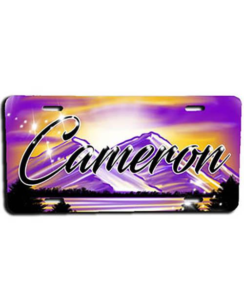 E023 Personalized Airbrush Mountain Sunset Landscape License Plate Tag Design Yours