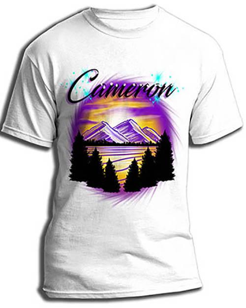 E023 custom personalized airbrush Mountains sunset Trees Scene Tee Shirt Design Yours