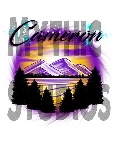 E023 custom personalized airbrush Mountains sunset Trees Scene Tee Shirt Design Yours