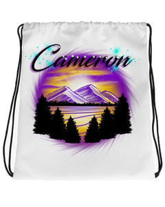 E023 Digitally Airbrush Painted Personalized Custom Mountains sunset Trees Scene Drawstring Backpack Colorful Landscape party Couples Theme gift wedding present
