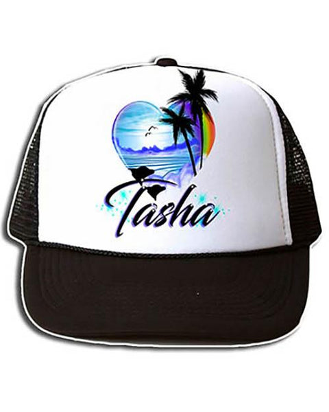 E024 Personalized Airbrush Dolphins Heart Landscape Snapback Trucker Hat Design Yours