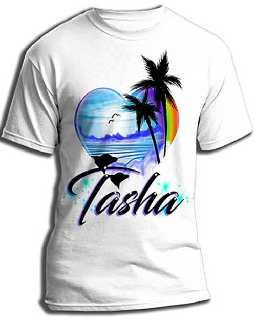 E024 custom personalized airbrush Dolphins rainbow beach sunset palm Trees Scene Tee Shirt Design Yours
