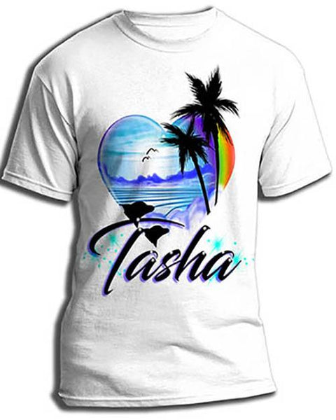 E024 custom personalized airbrush Dolphins rainbow beach sunset palm Trees Scene Tee Shirt Design Yours