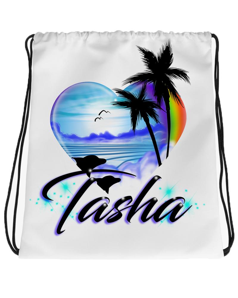 E024 Digitally Airbrush Painted Personalized Custom Dolphins rainbow beach sunset palm Trees Scene Drawstring Backpack Landscape party Couples Theme gift wedding