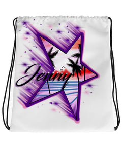 E025 Digitally Airbrush Painted Personalized Custom beach sunset palm Trees Scene Drawstring Backpack Colorful Landscape party Couples Theme gift wedding present