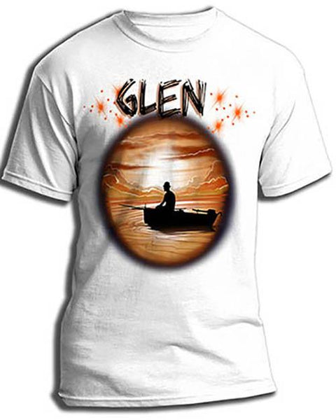 E026 custom personalized airbrush Fishing Fishermen Lake sunset Scene Tee Shirt Design Yours