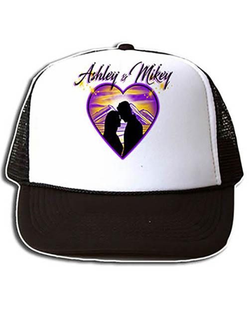E027 Personalized Airbrush Couple Silhouette Heart Landscape Snapback Trucker Hat Design Yours