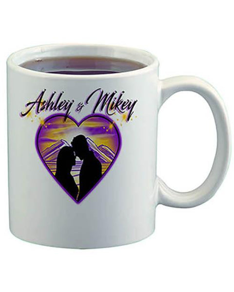 E027 Personalized Airbrush Couple Silhouette Heart Landscape Ceramic Coffee Mug Design Yours