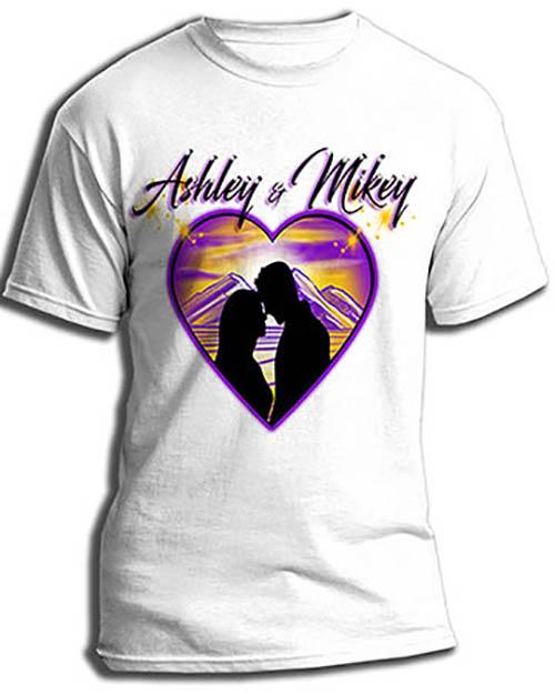 E027 custom personalized airbrushed Lovers Mountain sunset Scene Tee Shirt Design Yours