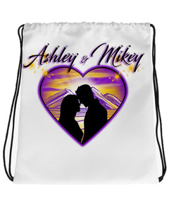 E027 Digitally Airbrush Painted Personalized Custom Lovers Mountain sunset Scene Drawstring Backpack Colorful Landscape party Couples Theme gift wedding