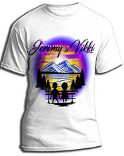E028 custom personalized airbrush Boy Girl Mountains sunset Trees Scene Tee Shirt Design Yours