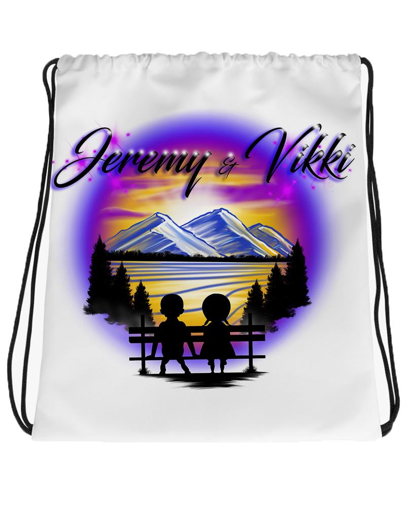 E028 Digitally Airbrush Painted Personalized Custom Boy Girl Mountains sunset Trees Scene Drawstring Backpack Kids Landscape party Couples Theme gift wedding present