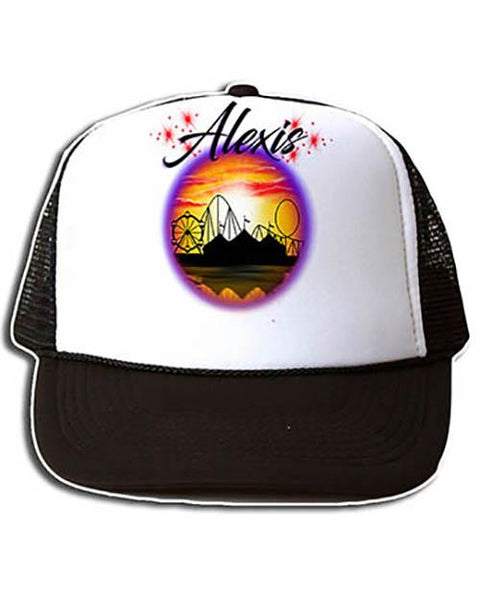 E030 Personalized Airbrush Carnival Ferris Wheel Snapback Trucker Hat Design Yours