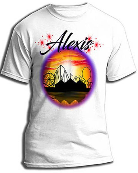 E030 custom personalized airbrush Carnival fair ferris wheel sunset Scene Tee Shirt Design Yours