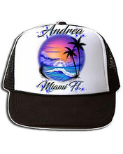 E031 Personalized Airbrush Beach Wave Scene Snapback Trucker Hat Design Yours