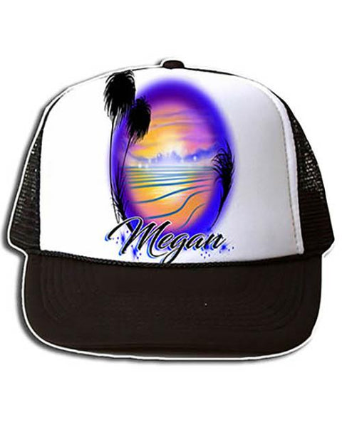 E032 Personalized Airbrush Beach Scene Snapback Trucker Hat Design Yours