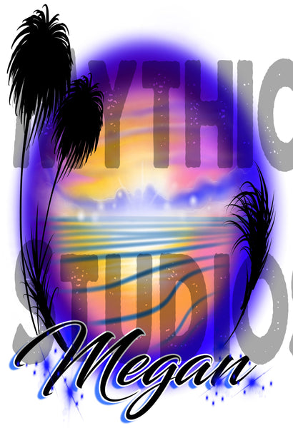 E032 Personalized Airbrush Beach Scene Snapback Trucker Hat Design Yours