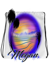 E032 Digitally Airbrush Painted Personalized Custom Beach sunset Scene Drawstring Backpack lake Landscape party Couples Theme gift wedding