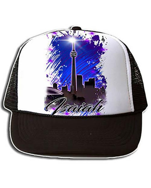 E033 Personalized Airbrush Urban City Scene Snapback Trucker Hat Design Yours