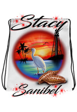 E034 Digitally Airbrush Painted Personalized Custom Lighthouse and Bird sunset Scene Drawstring Backpack Landscape party Couples Theme gift wedding