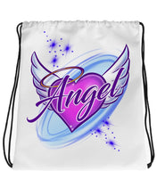 F006 Digitally Airbrush Painted Personalized Custom heart halo angel wings couples party Theme gift set name bday event discount Drawstring Backpack