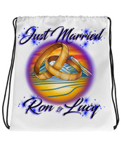 F015 Digitally Airbrush Painted Personalized Custom wedding rings just married mountain water sunset Theme gift set name event Drawstring Backpack