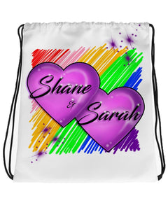 F023 Digitally Airbrush Painted Personalized Custom couple rainbow hearts Theme gift set name bday wedding event discount Drawstring Backpack