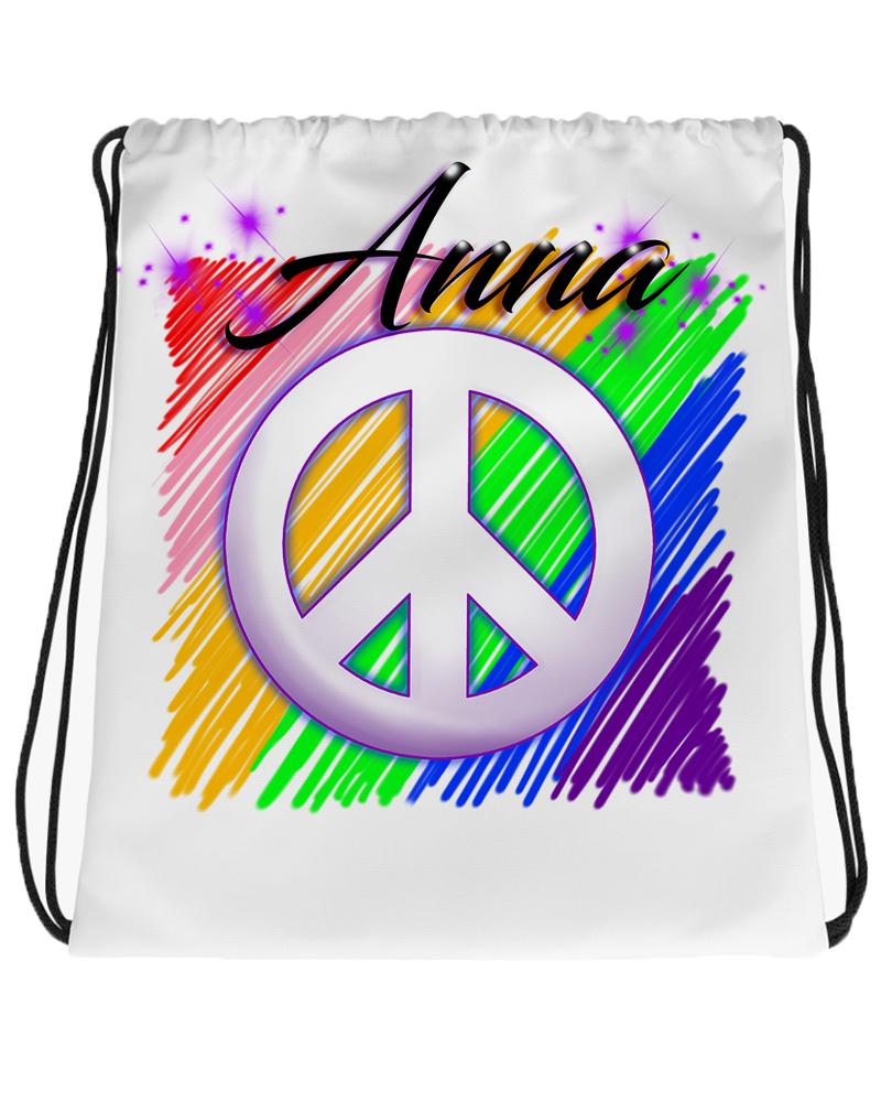 F025 Digitally Airbrush Painted Personalized Custom peace sign couples rainbow Drawstring Backpack