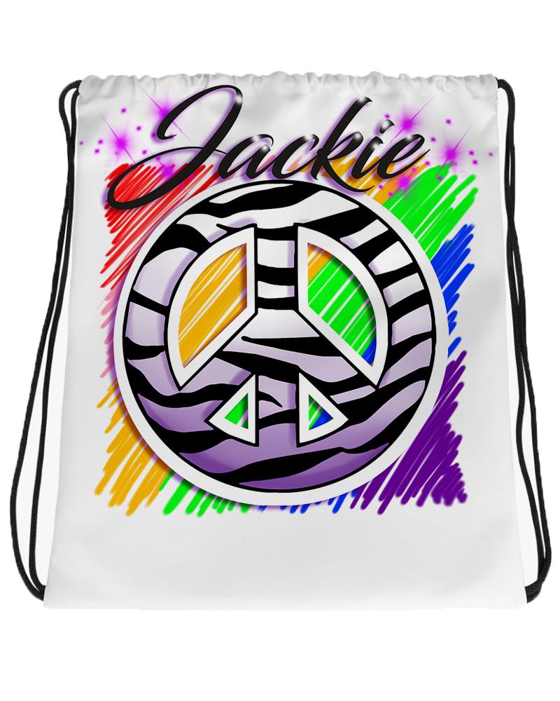 F026 Digitally Airbrush Painted Personalized Custom zebra peace sign rainbow Drawstring Backpack