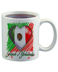 F031 Custom Airbrush Personalized Mexican Flag Heart Ceramic Coffee Mug Design Yours