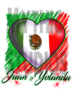 F031 Custom Airbrush Personalized Mexican Flag Heart Tee Shirt Design Yours