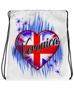 F033 Digitally Airbrush Painted Personalized Custom British Flag Heart Drawstring Backpack