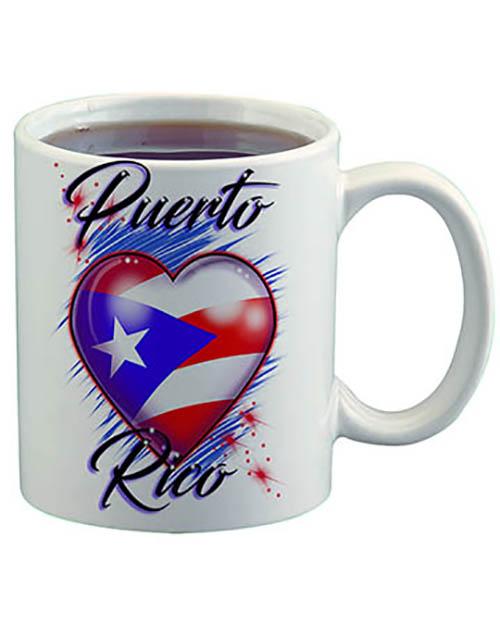 F034 Custom Airbrush Personalized Puerto Rico Flag Heart Ceramic Coffee Mug Design Yours