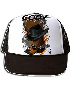 F040 Custom Airbrush Personalized Cowboy Hat And Boots Snapback Trucker Hat Design Yours