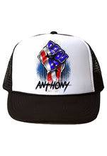 F044 Digitally Airbrush Painted Personalized Custome BLM American Flag    Snapback Trucker Hats