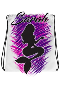 F061 Digitally Airbrush Painted Personalized Custom Mermaid silhouette  Drawstring Backpack.
