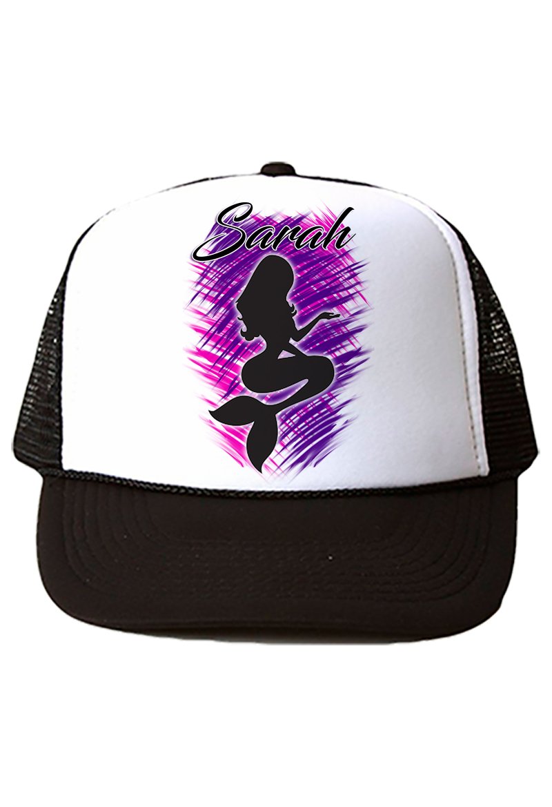 F061 Digitally Airbrush Painted Personalized Custom Mermaid silhouette    Snapback Trucker Hats