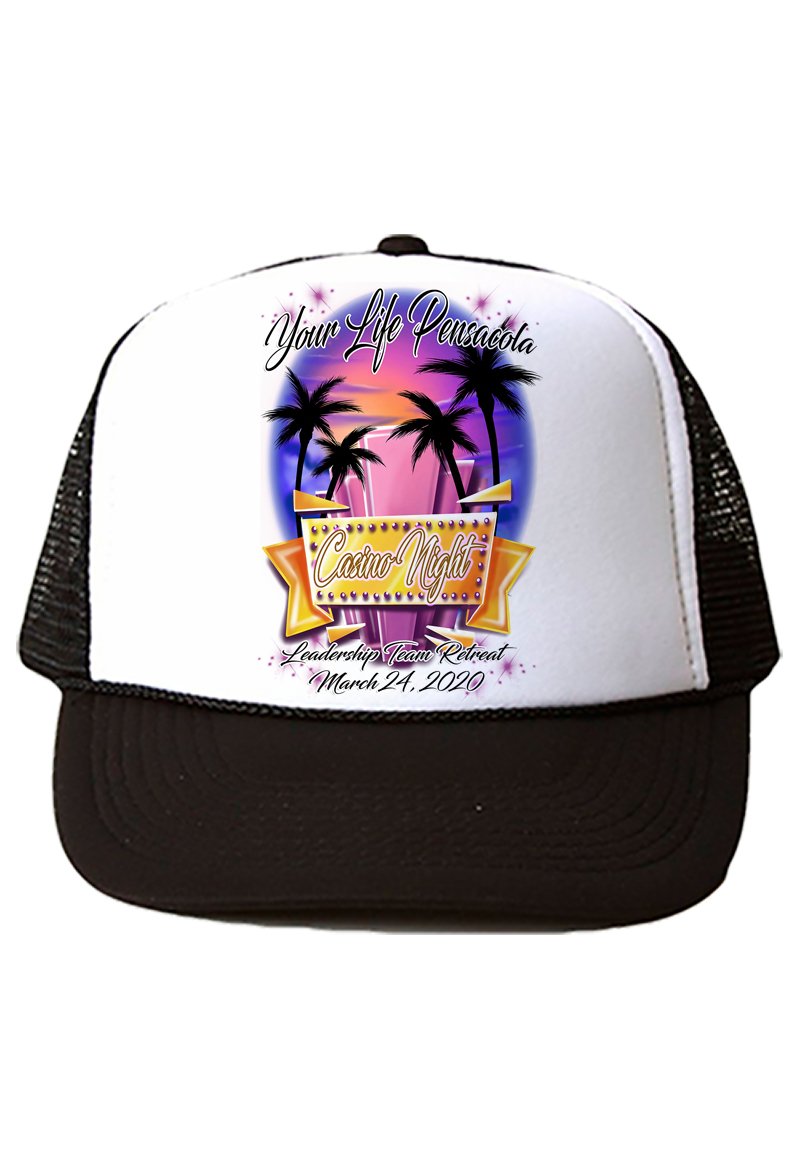 F068 Digitally Airbrush Painted Personalized Custom Casino Beach Scene    Snapback Trucker Hats