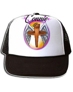 H010 Custom Airbrush Personalized Angel Wings Christian Cross Snapback Trucker Hat Design Yours