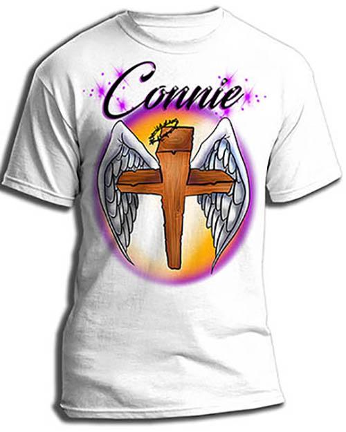 H010 Custom Airbrush Personalized Angel Wings Christian Cross Tee Shirt Design Yours