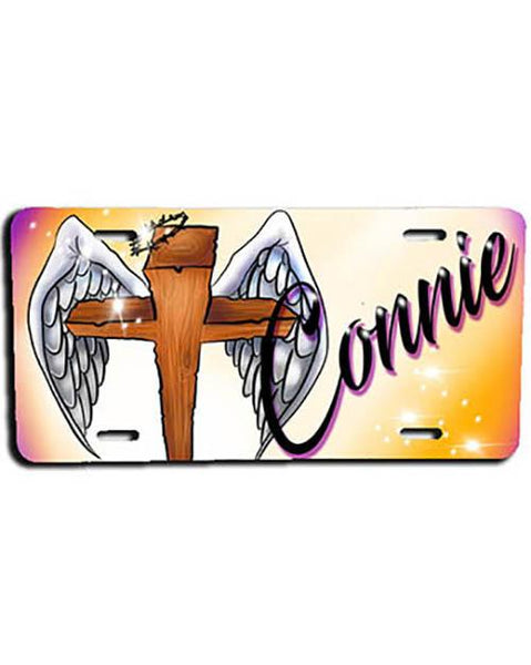 H010 Custom Airbrush Personalized Angel Wings Christian Cross License Plate Tag Design Yours