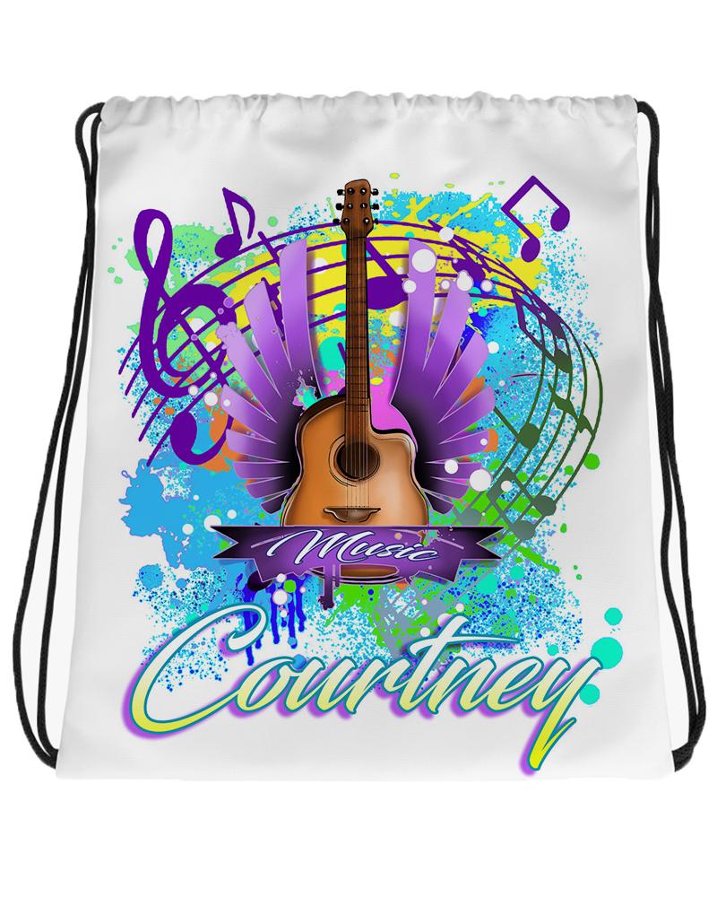 H047 Digitally Airbrush Painted Personalized Custom Guitar music notes wings Drawstring Backpack