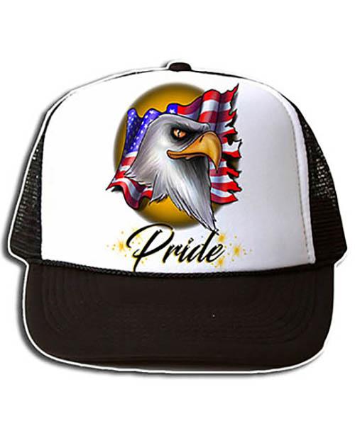 I003 Personalized Airbrush American Flag Bald Eagle Snapback Trucker Hat Design Yours