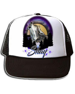 I011 Personalized Airbrush Howling Wolf Snapback Trucker Hat Design Yours