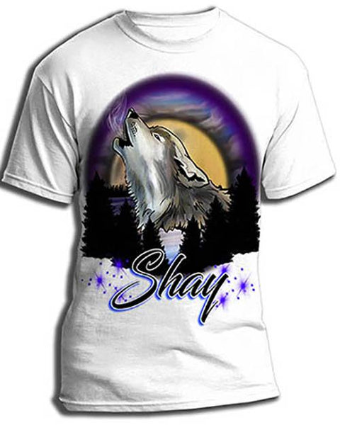I011 Personalized Airbrush Howling Wolf Tee Shirt Design Yours