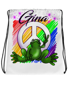 I009 Digitally Airbrush Painted Personalized Custom peace frog party  Drawstring Backpack