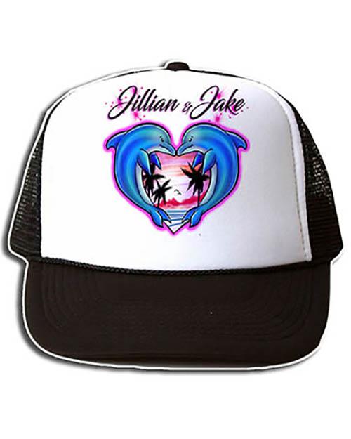 I018 Personalized Airbrush Dolphin Heart Snapback Trucker Hat Design Yours