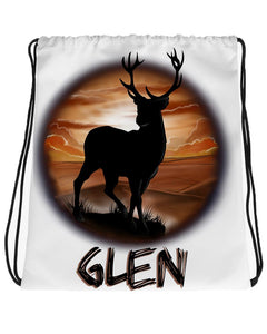 I019 Digitally Airbrush Painted Personalized Custom deer hunting colorful sunset painting Drawstring Backpack