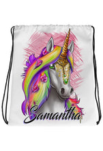 I032 Digitally Airbrush Painted Personalized Custom Unicorn Rainbow cartoon Drawstring Backpack
