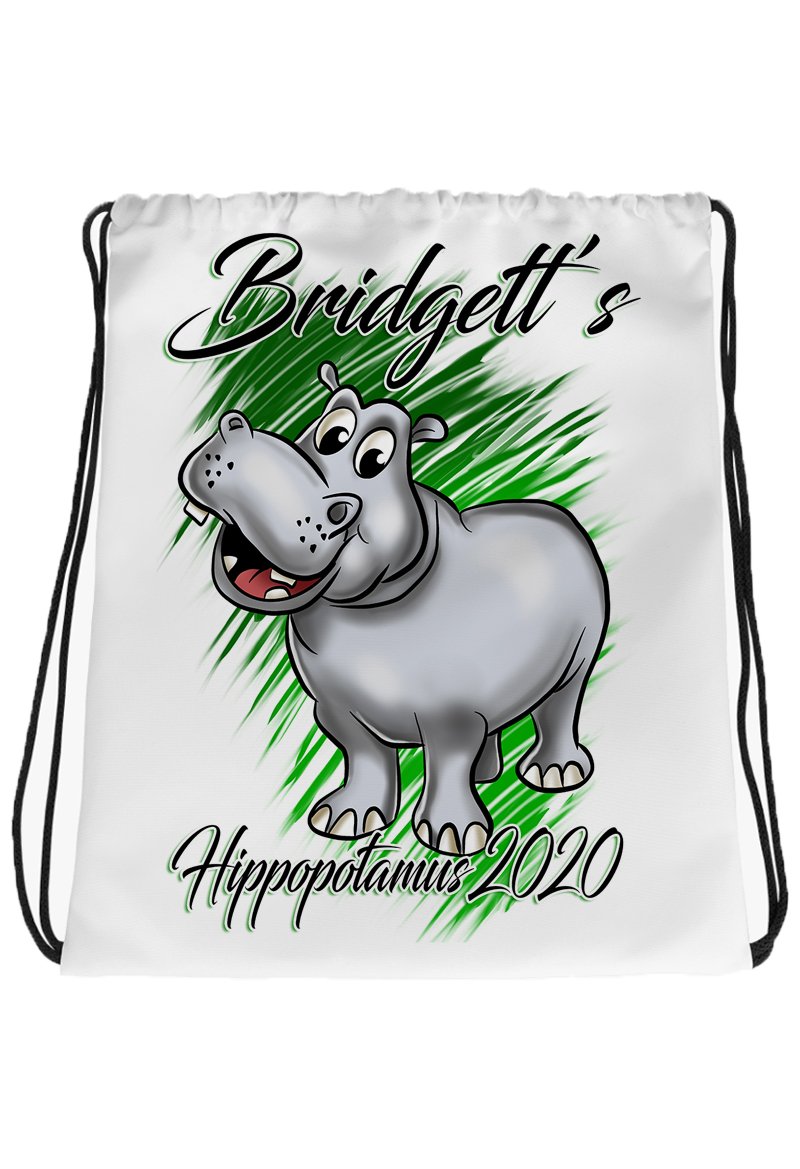 I037 Digitally Airbrush Painted Personalized Custom Hippo Cartoon Drawstring Backpack